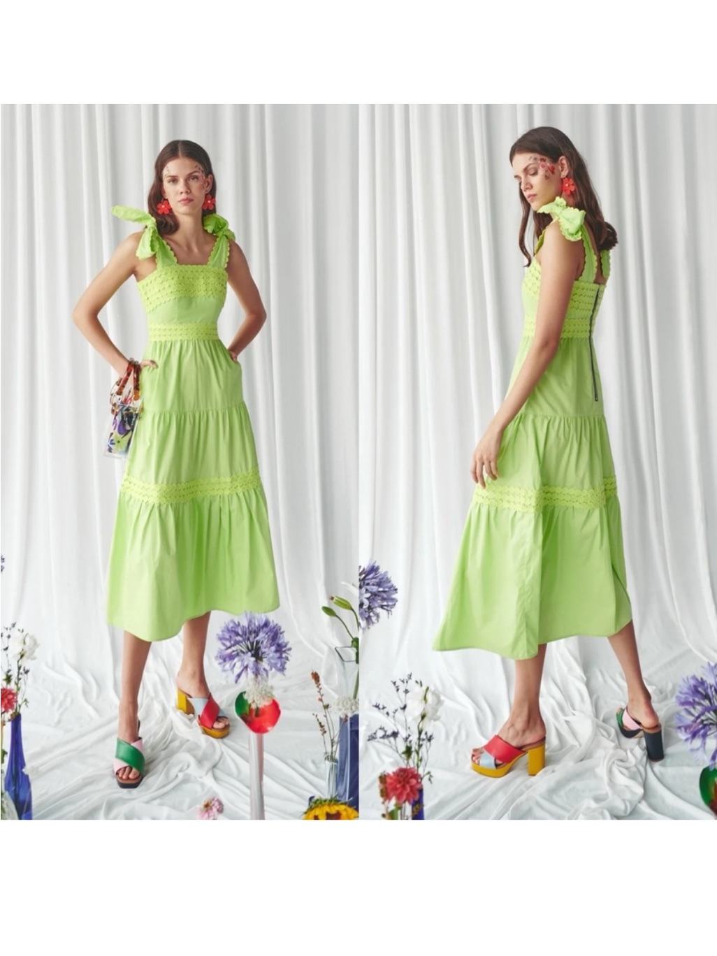 Celia B Gunnar Neon Lime Tiered Dress With Decorative Trim Nwt - Medium